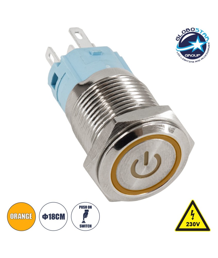 GloboStar® 70779 LED Φωτιζόμενος Διακόπτης Χωνευτός - Μπουτόν PUSH On Ανοξείδωτος AC 220-240V Αδιάβροχο IP67 Φ18mm με Angel Eye Πορτοκαλί